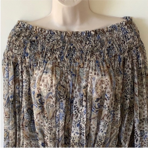 Redemption Silk Chiffon White Blue Beige Floral Print Paisley Smocked Blouse 8 - Picture 3 of 11